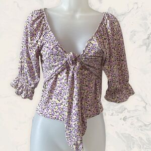 VERO MODA Kimmie Floral Tie Front Top - Size S - Purple Floral